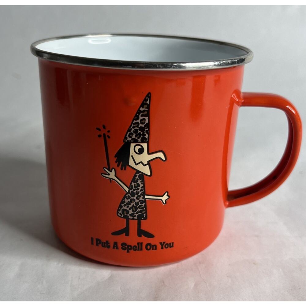 “I PUT A SPELL ON YOU” Mug – Red Enamel Metal – Witch & Magic Wand – Halloween